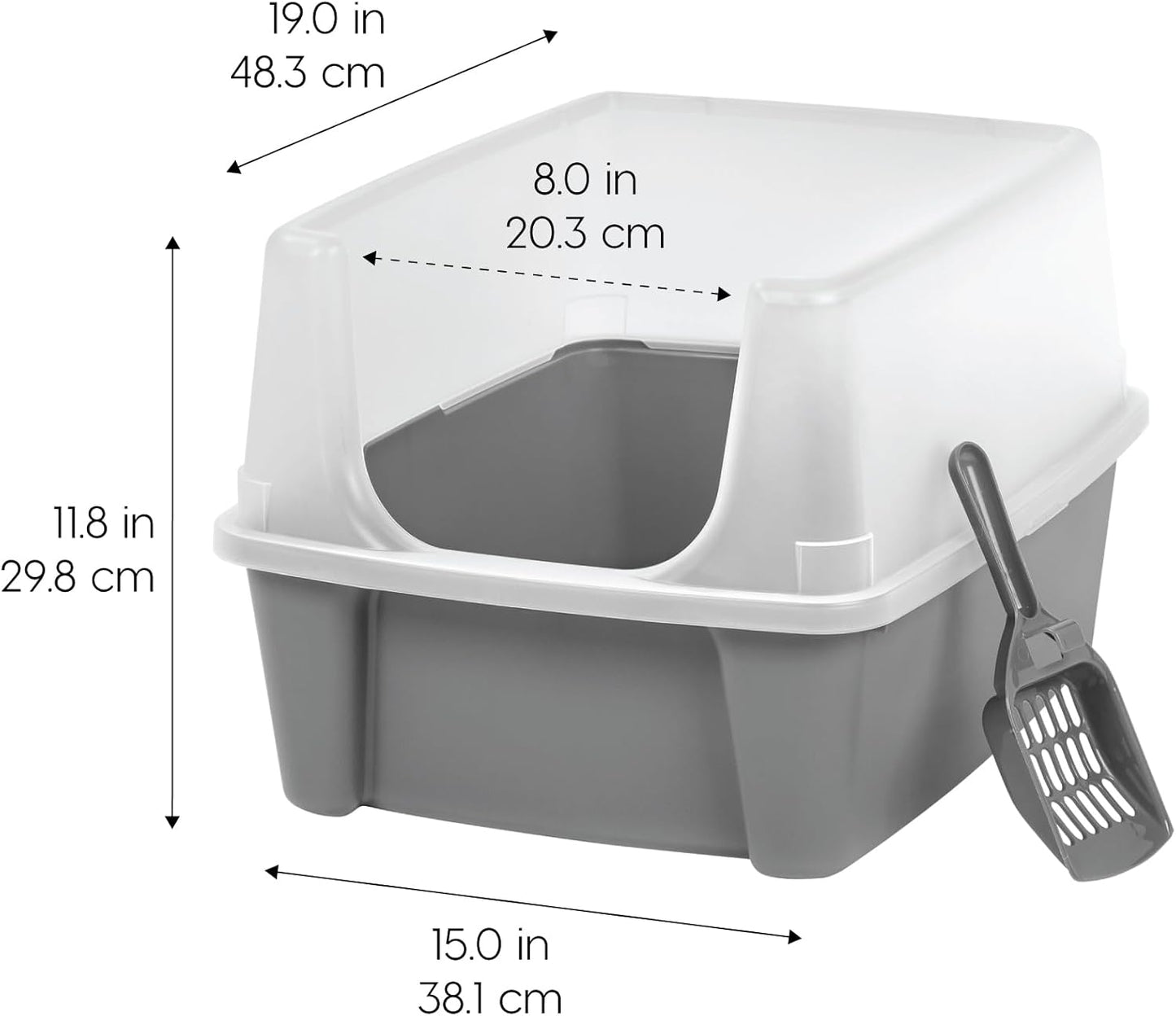Large Cat Litter Box with Scatter Shield and Scoop, Open Top High Sided Cat Litter Pan, Gray/Clear