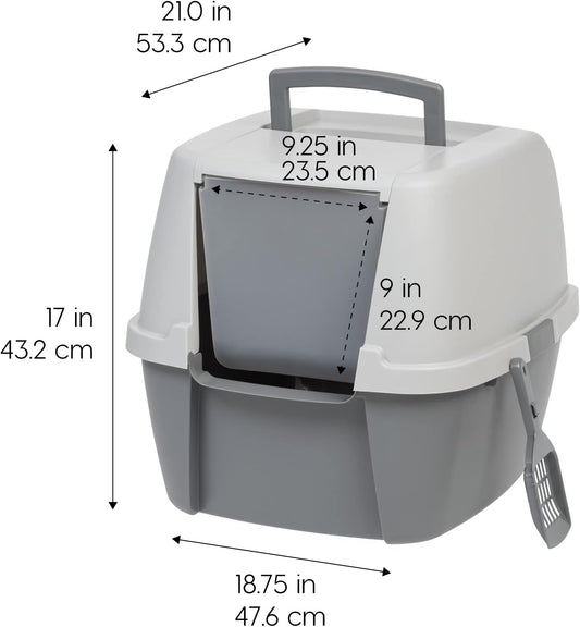 Cat Litter Box with Front Door Flap and Scoop, Covered Kitty Box with Handle and Buckles for Portability and Privacy, Dark Gray
