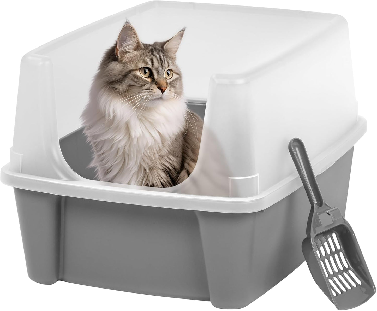 Large Cat Litter Box with Scatter Shield and Scoop, Open Top High Sided Cat Litter Pan, Gray/Clear