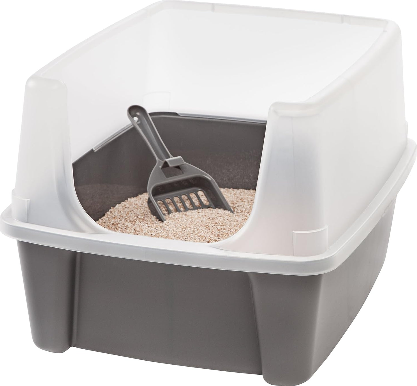 Large Cat Litter Box with Scatter Shield and Scoop, Open Top High Sided Cat Litter Pan, Gray/Clear